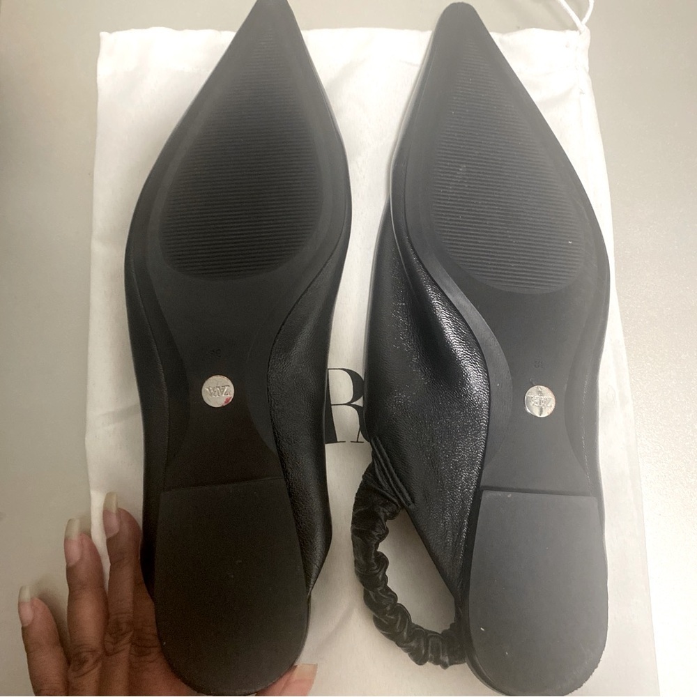 New Zara Pointed Toe Slingback Leather Flat Mules In Black - Size 7.5 UK 38 - Picture 10 of 14